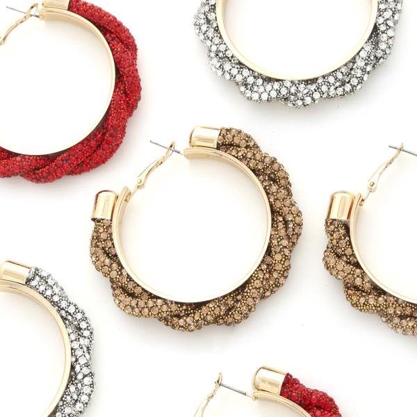 BRAIDED RHINESTONE HOOP EARRING