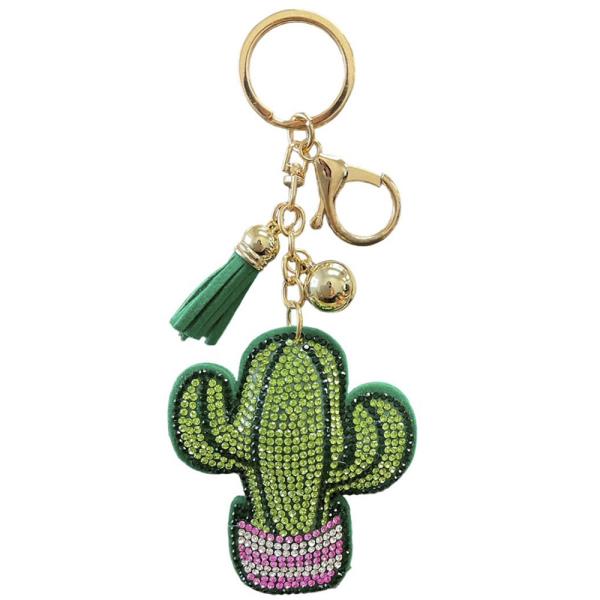 RHINESTONE CACTUS KEYCHAIN WITH TASSEL