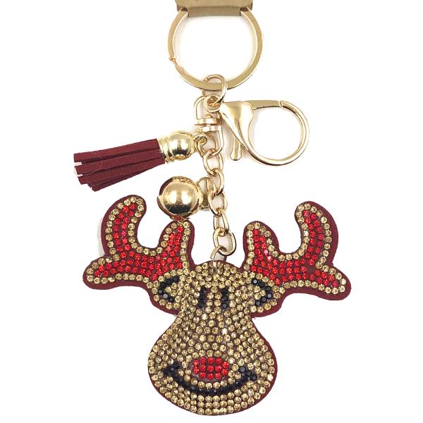 RHINESTONE CHRISTMAS HAPPY REINDEER TASSEL KEYCHAIN