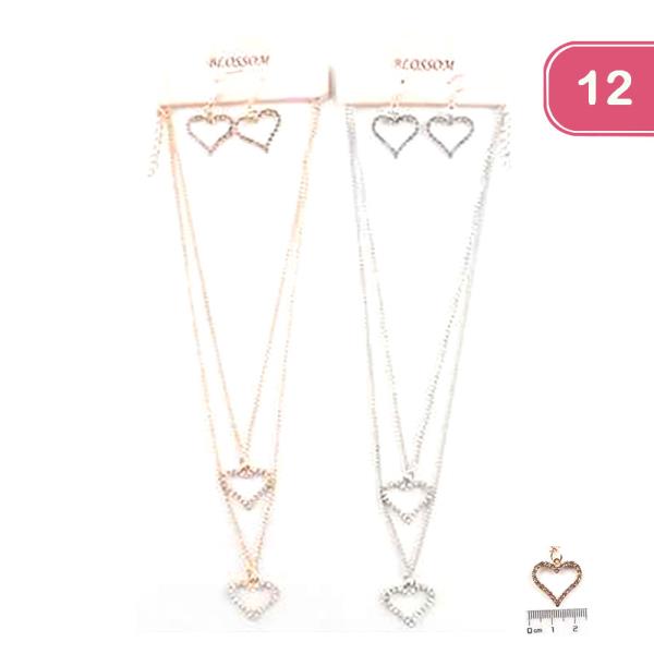 LAYERED  HEART NECKLACE EARRING SET (12 UNITS)