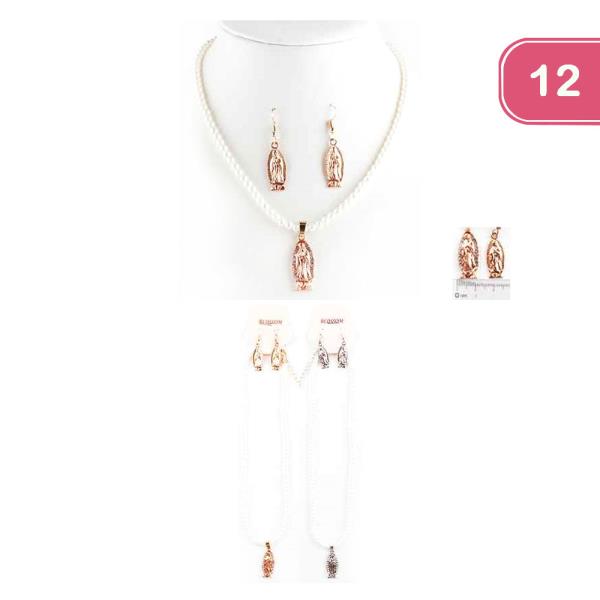 FASHION PEARL VIRGIN MARY PENDANT NECKLACE EARRING SET (12 UNITS)