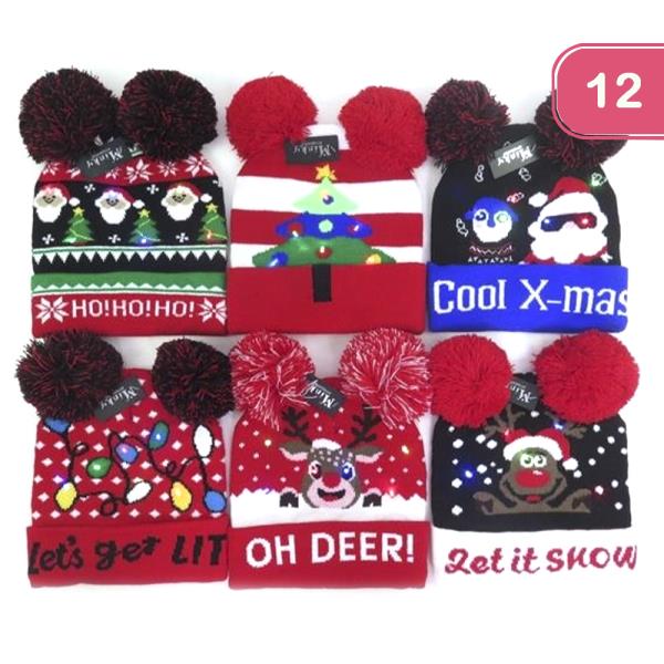 CHRISTMAS LIGHT ON LED DOUBLE POM POM BEANIES (12 UNITS)