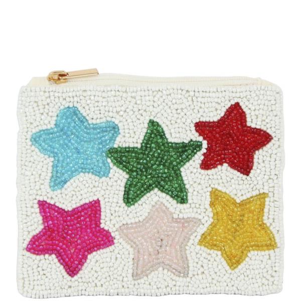 MULTI COLOR STAR STUDDED THEME FULL SEED BEAD ZIPPER BAG