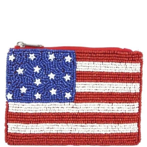 FLAG PRINT AMERICAN PRIDE FULL SEED BEAD ZIPPER BAG