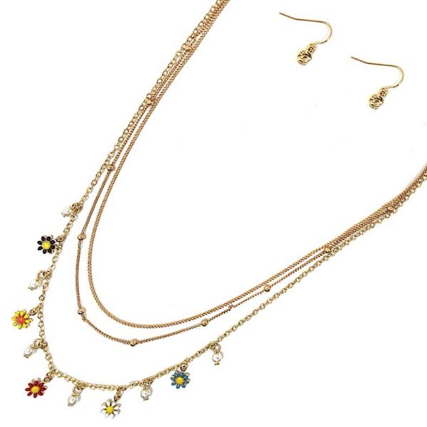 LAYERED METAL CHAIN W FLOWER NECKLACE EARRING SET