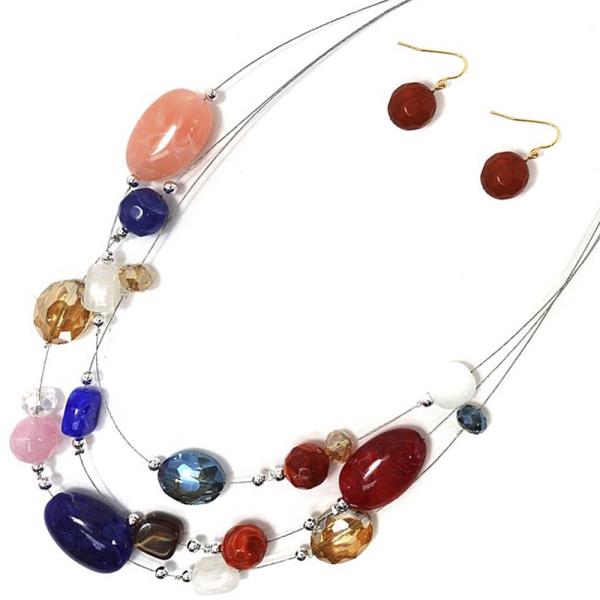 MULTI NATURAL STONE LAYERED NECKLACE EARRING SET