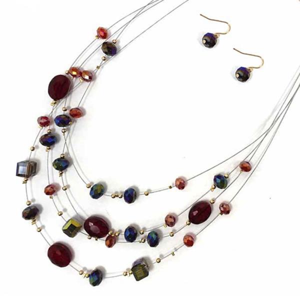 LAYERED GLASS BEAD LINK NECKLACE EARRING SET