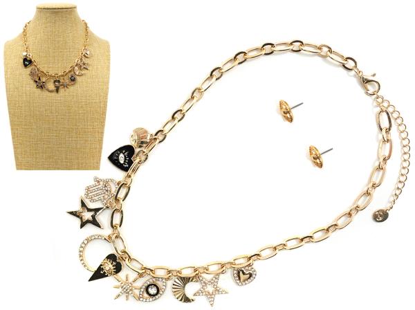 EVIL EYE MULTY CHARM LINK NECKLACE EARRING SET