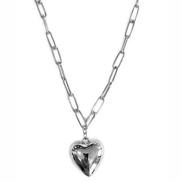 PUFFY HEART OVAL LINK METAL NECKLACE