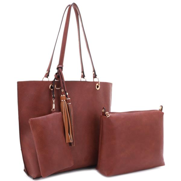 3IN1 PLAIN TASSEL TOTE BAG WITH CROSSBODY AND CLUTCH SET