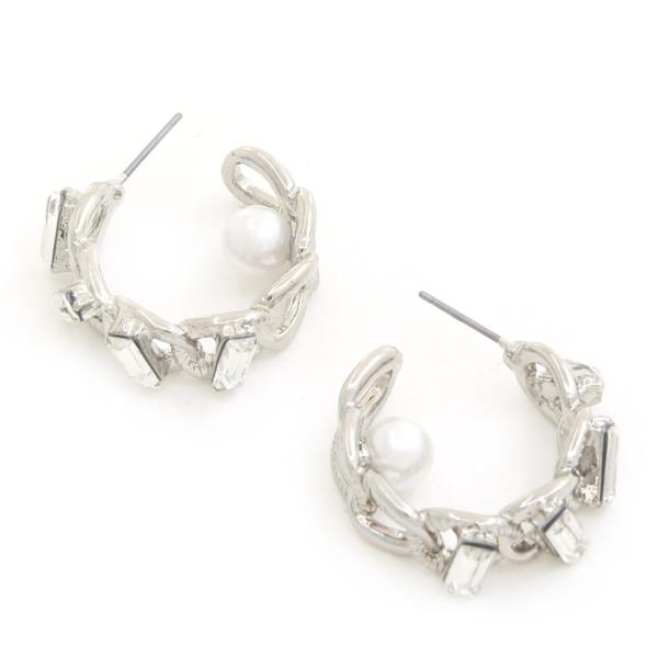 RHINESTONE PEARL OVAL LINK OPEN HOOP EARRING