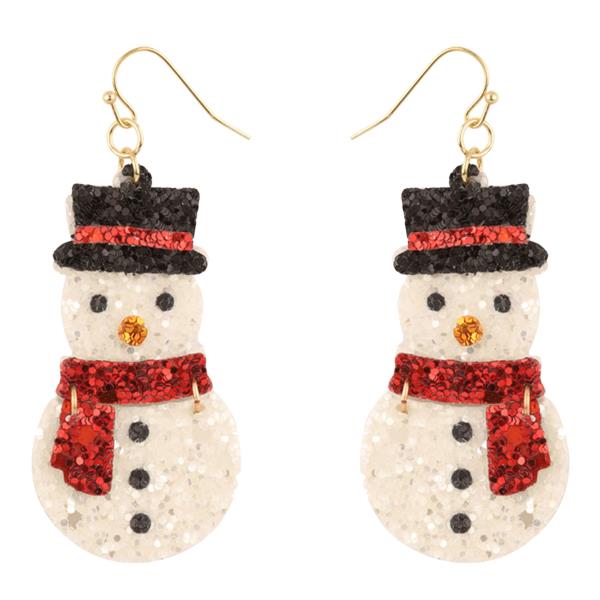 GLITTER CHRISTMAS SNOWMAN FISH HOOK EARRING