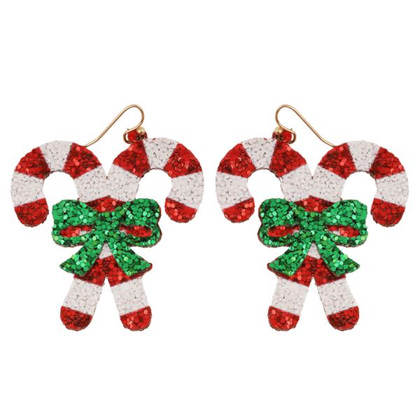 GLITTER CHRISTMAS CANDY CANE FISH HOOK EARRING