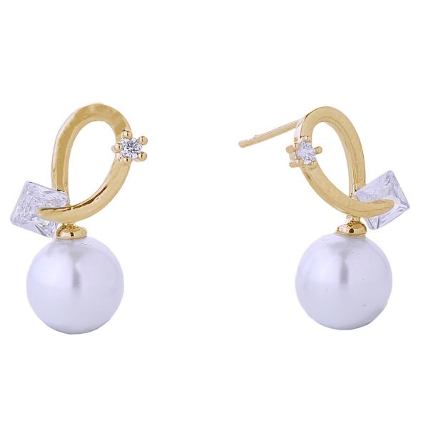 14K GOLD/WHITE GOLD DIPPED CURLING PEARL DROP POST EARRINGS