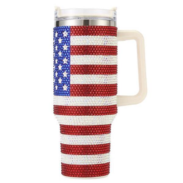 AMERICAN US FLAG RHINESTONE CRYSTAL BLING TUMBLER WITH HANDLE AND STRAW