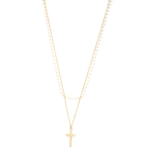 CROSS CHARM PEARL BEAD LAYERED NECKLACE