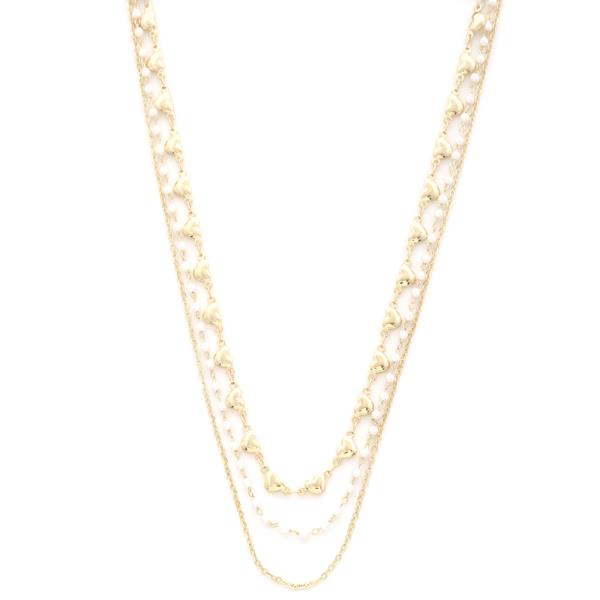 HEART LINK PEARL BEAD LAYERED NECKLACE