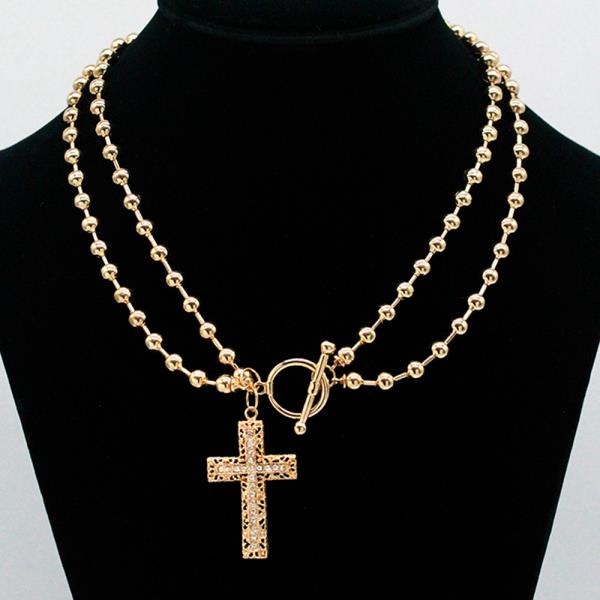 CROSS BEADED LINK LAYERED TOGGLE CLASP NECKLACE