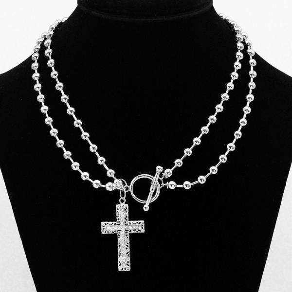 CROSS BEADED LINK LAYERED TOGGLE CLASP NECKLACE
