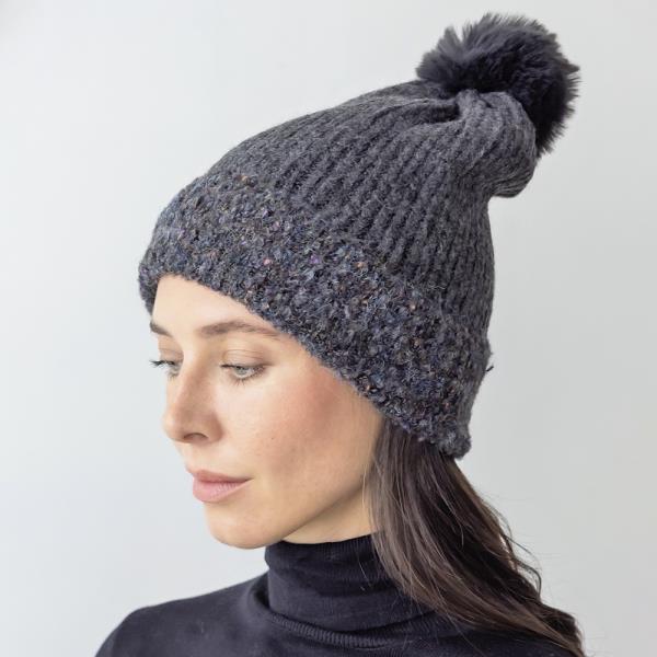CONFETTI TRIMMED POM BEANIE W/ FUR LINING