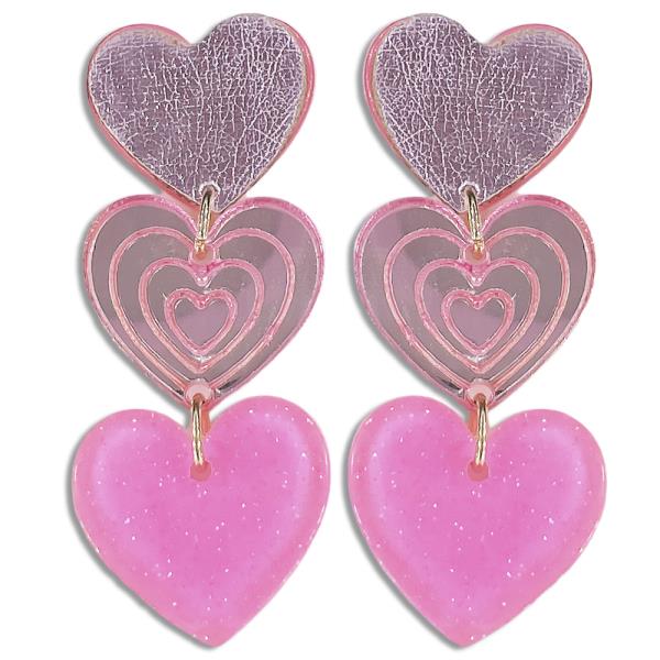 ACETATE VALENTINES HEART MIRROR 3 TIERED POST EARRING