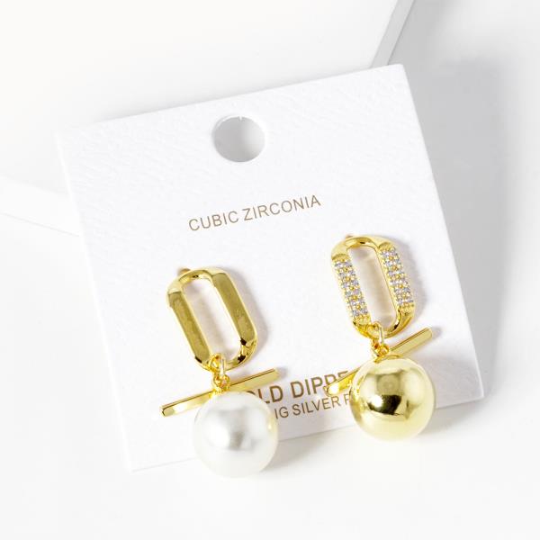 PEARL BEAD OVAL CZ GOLD DIPPED EARRING