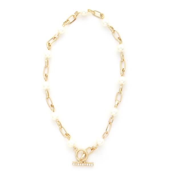 PEARL BEAD OVAL LINK TOGGLE CLASP NECKLACE