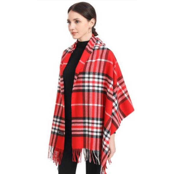 RED PLAID SCARF WITH TASSEL