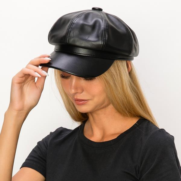 FAUX LEATHER CABBIE NEWSBOY BERET HAT