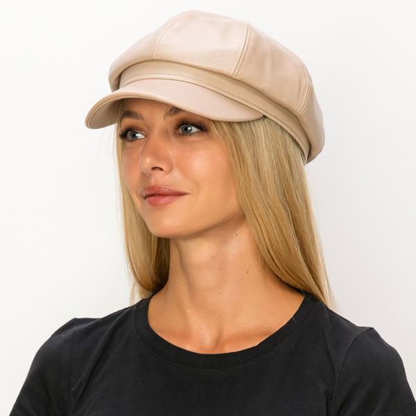 FAUX LEATHER CABBIE NEWSBOY BERET HAT