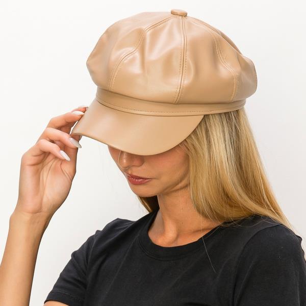 FAUX LEATHER CABBIE NEWSBOY BERET HAT