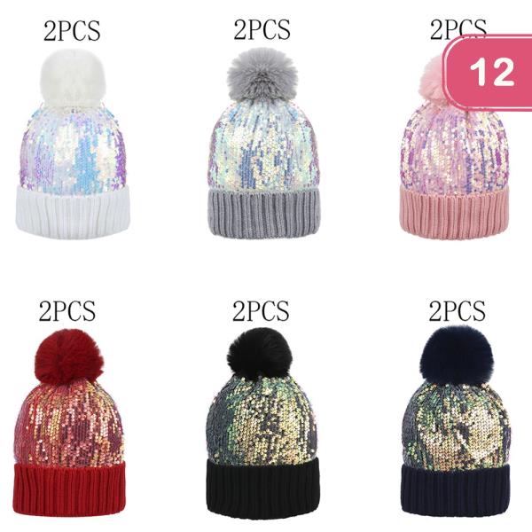 SEQUIN POM POM BEANIES (12 UNITS)