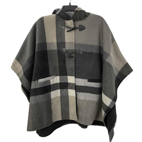 FASHION PLAID BUTTON CAPE WITH HOODIE