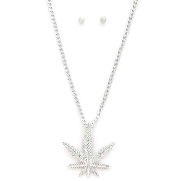 MARIJUANA LEAF PAVED RHINESTONE PENDANT NECKLACE EARRING SET