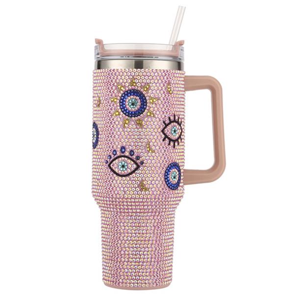 RHINESTONE EVIL EYE BLING COFFEE WATER TUMBLER W HANDLE