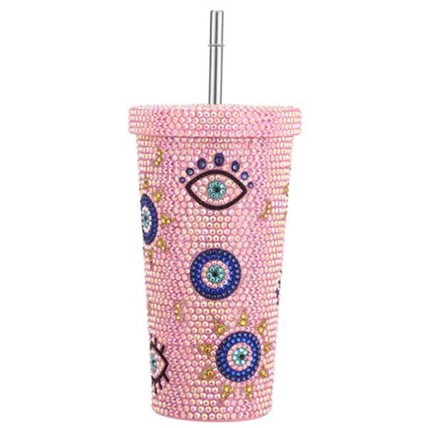 RHINESTONE EVIL EYE BLING 17OZ TUMBLER WITH STRAW