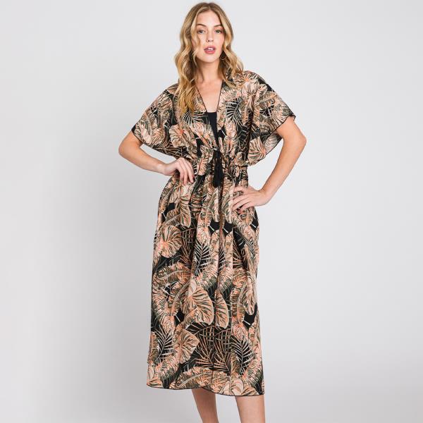 TROPICAL LEAVES PRINT SELF-TIE DRAWSTRING OPEN FRONT COVER UP