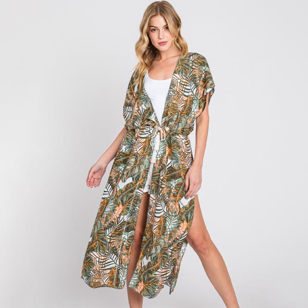 TROPICAL LEAVES PRINT SELF-TIE DRAWSTRING OPEN FRONT COVER UP