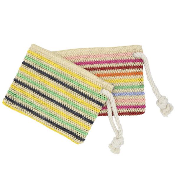 ROPE HANDLE MULTI COLOR STRIPED STRAW CROCHET POUCH