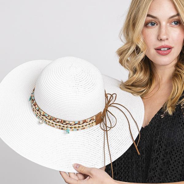 FLOPPY STRAW HAT WITH BOHO AND SEA LIFE BAND