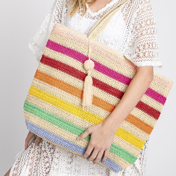 POM POM TASSEL MULTI COLOR STRIPED STRAW CROCHET TOTE BAG