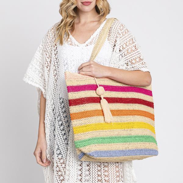 POM POM TASSEL MULTI COLOR STRIPED STRAW CROCHET TOTE BAG