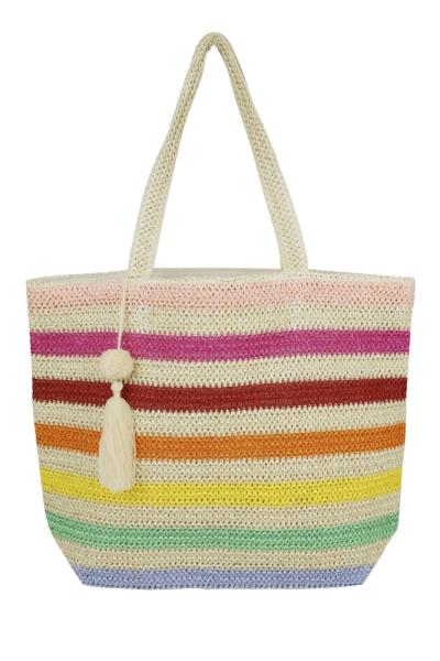 POM POM TASSEL MULTI COLOR STRIPED STRAW CROCHET TOTE BAG