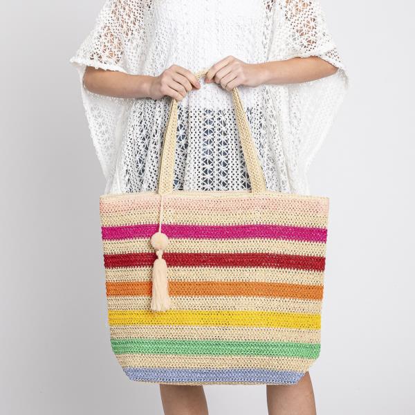 POM POM TASSEL MULTI COLOR STRIPED STRAW CROCHET TOTE BAG