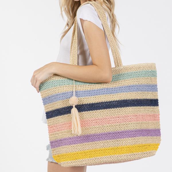 POM POM TASSEL MULTI COLOR STRIPED STRAW CROCHET TOTE BAG