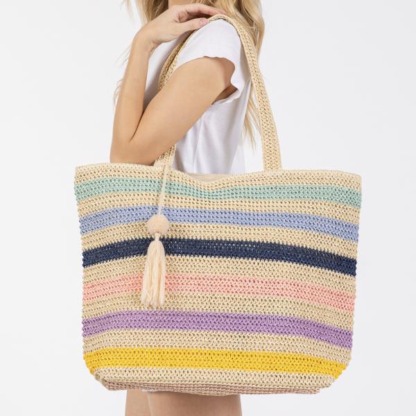 POM POM TASSEL MULTI COLOR STRIPED STRAW CROCHET TOTE BAG