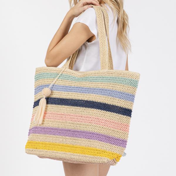 POM POM TASSEL MULTI COLOR STRIPED STRAW CROCHET TOTE BAG