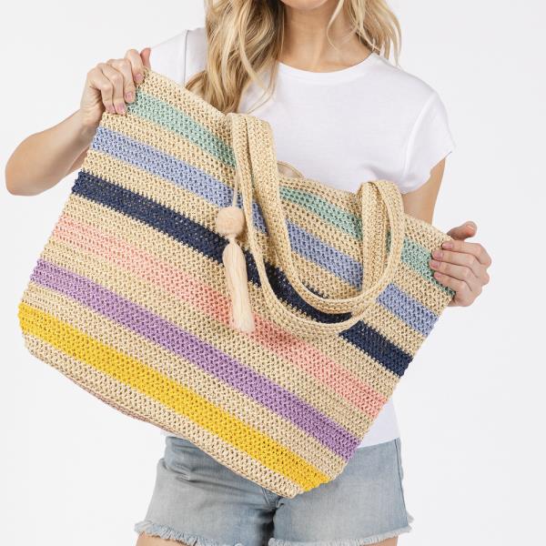 POM POM TASSEL MULTI COLOR STRIPED STRAW CROCHET TOTE BAG