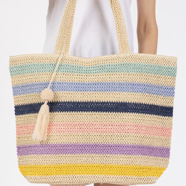 POM POM TASSEL MULTI COLOR STRIPED STRAW CROCHET TOTE BAG