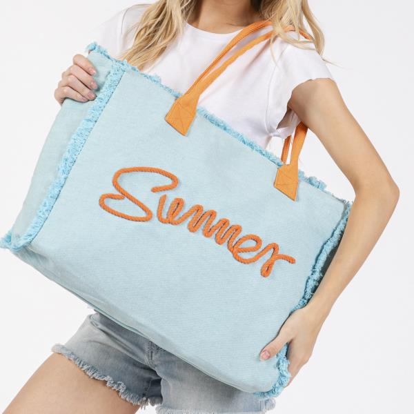 SEWN ROPE SUMMER LETTER FRINGED CANVAS BAG